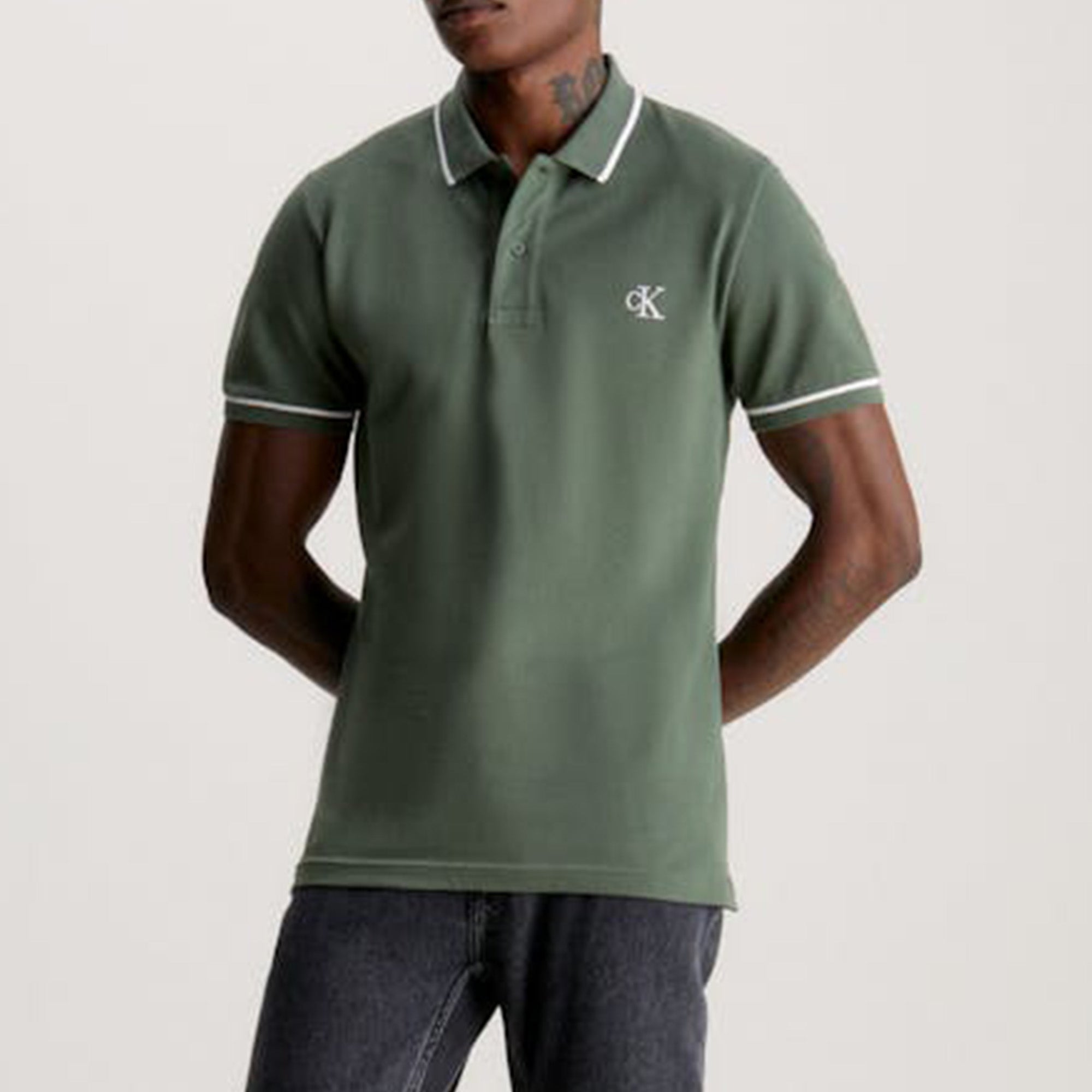 Calvin Klein  Green White Logo Iconic Mesh Polo