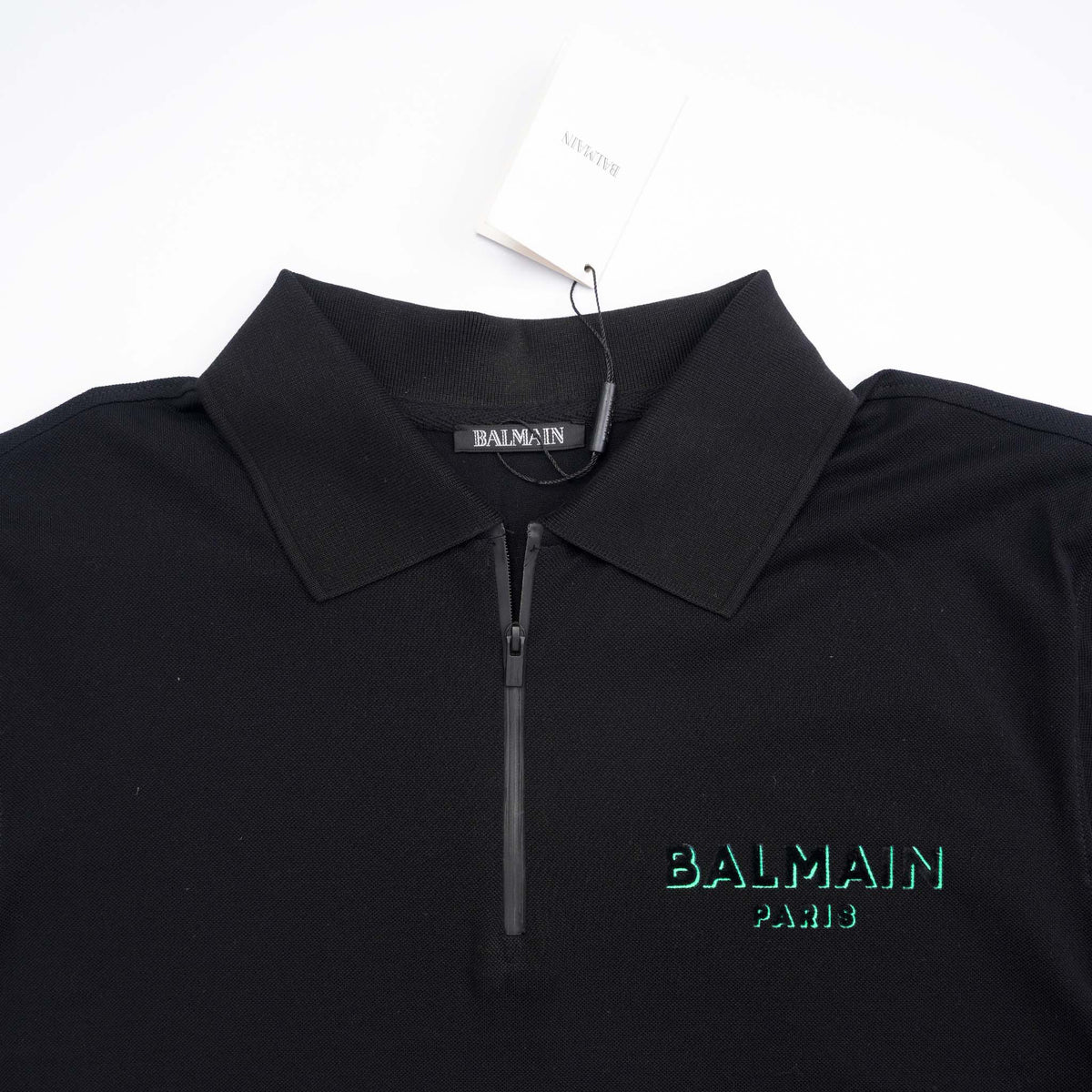 Balmain Embroidered Signature Zipped Polo Black/Green Logo