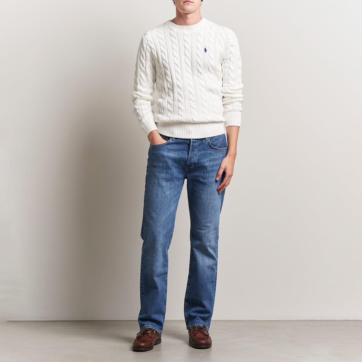 Ralph Lauren Crewneck Men's Cable-Knit Cotton Jumper Sweater White