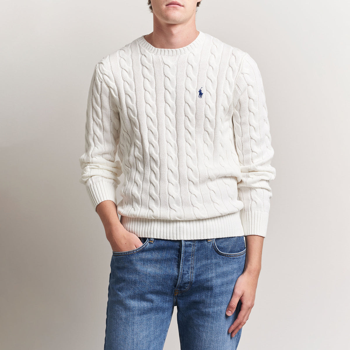 Ralph Lauren Crewneck Men's Cable-Knit Cotton Jumper Sweater White