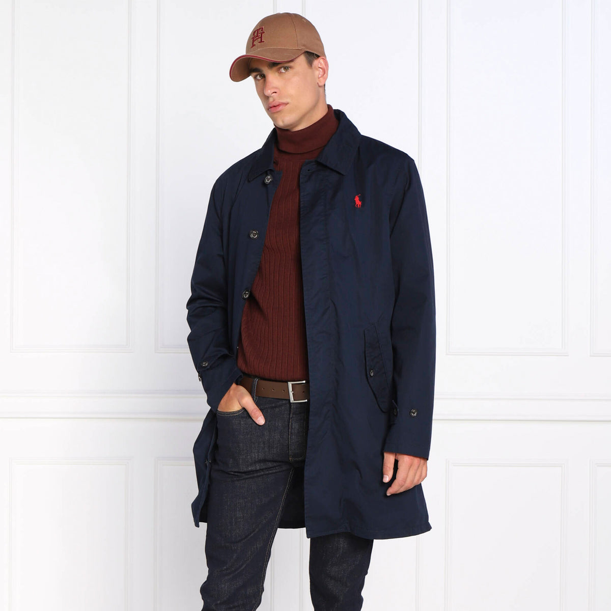 Ralph Lauren Men's Twill Walking Long Coat With Red Logo in Navy