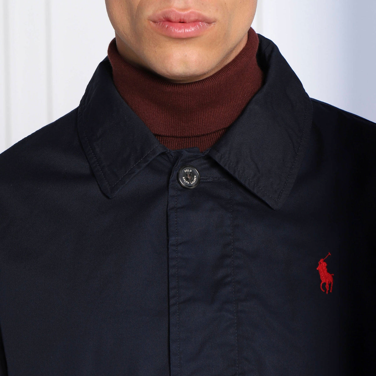 Ralph Lauren Men's Twill Walking Long Coat With Red Logo in Navy
