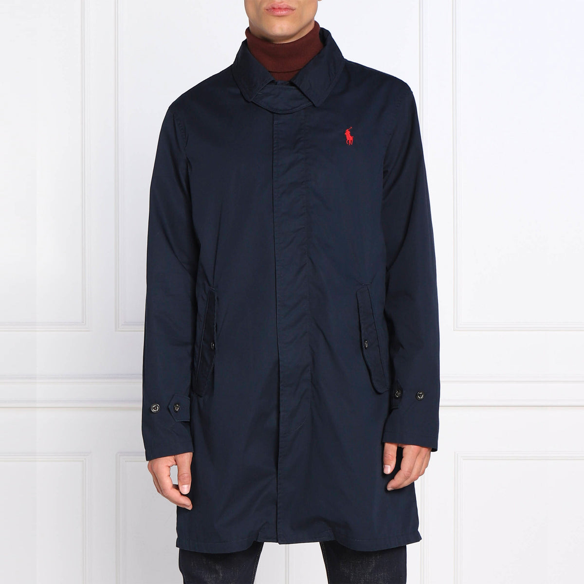 Ralph Lauren Men's Twill Walking Long Coat With Red Logo in Navy