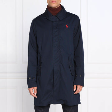 Ralph Lauren Men's Twill Walking Long Coat With Red Logo in Navy