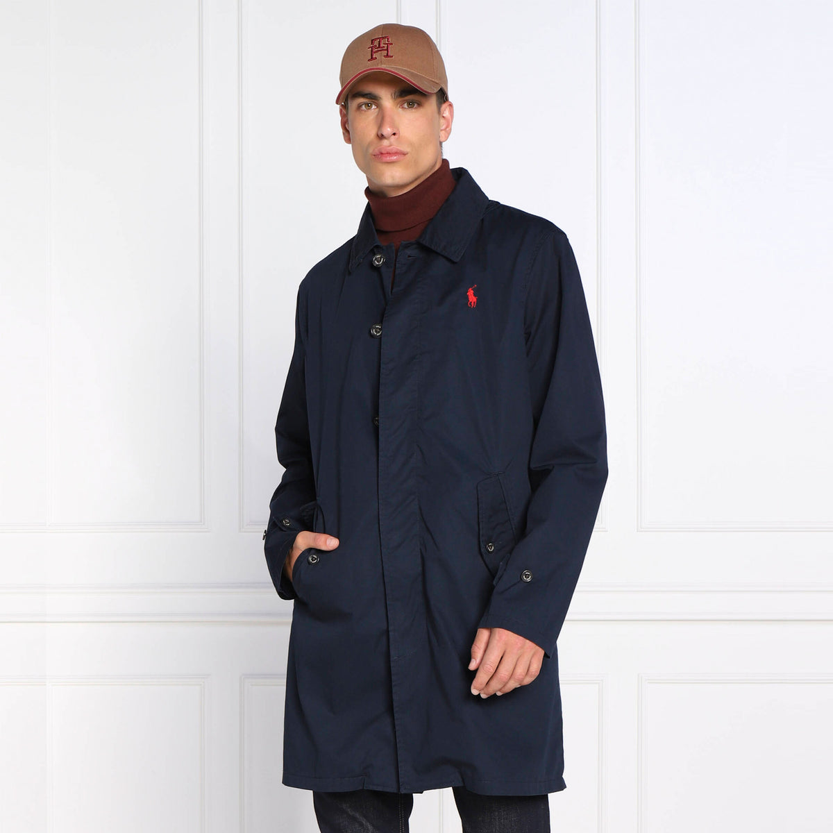Ralph Lauren Men's Twill Walking Long Coat With Red Logo in Navy