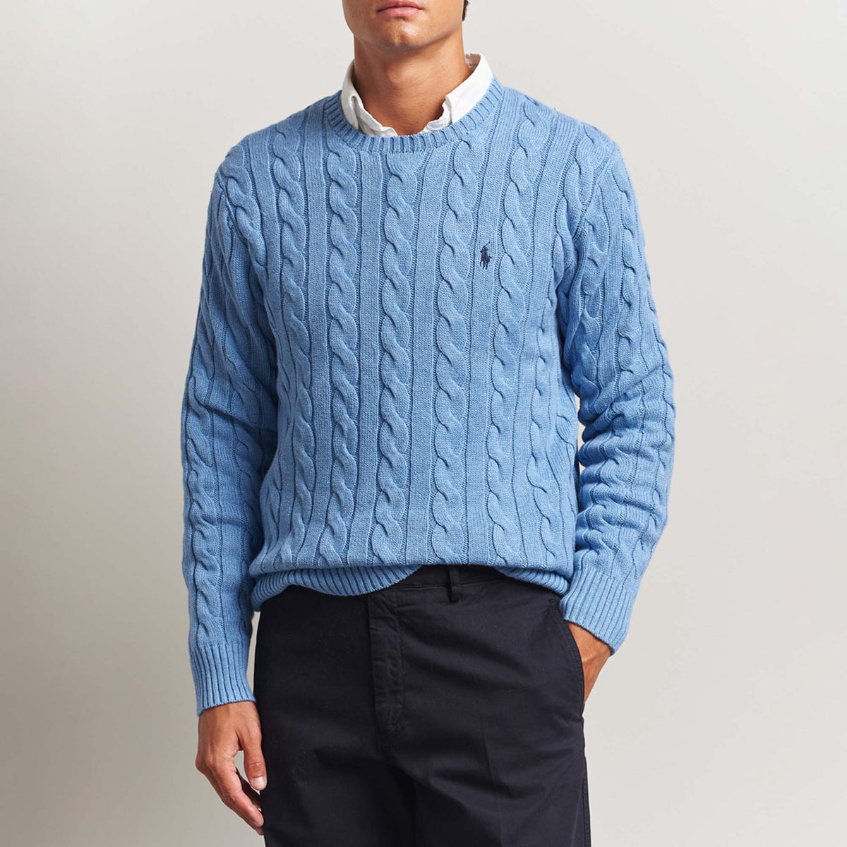 Ralph Lauren Crewneck Men's Cable-Knit Cotton Jumper Sweater Sky Blue