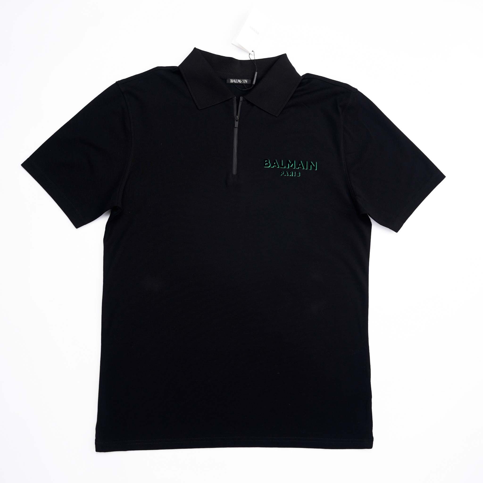 Balmain Embroidered Signature Zipped Polo Black/Green Logo