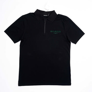 Balmain Embroidered Signature Zipped Polo Black/Green Logo