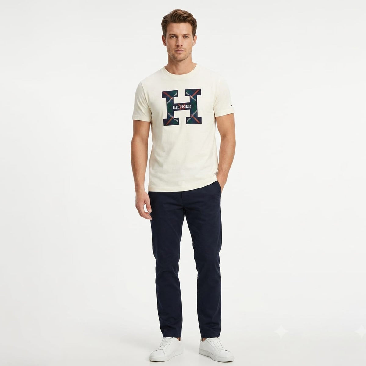 Tommy Hilfiger Round neck flannel shirt with embroidered logo Creem White