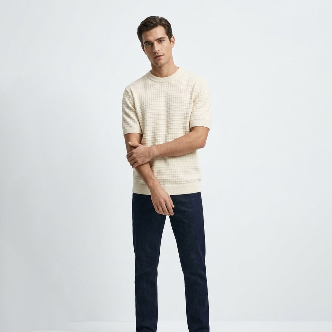 Massimo Dutti Men`s Crewneck Tshirt Creem White
