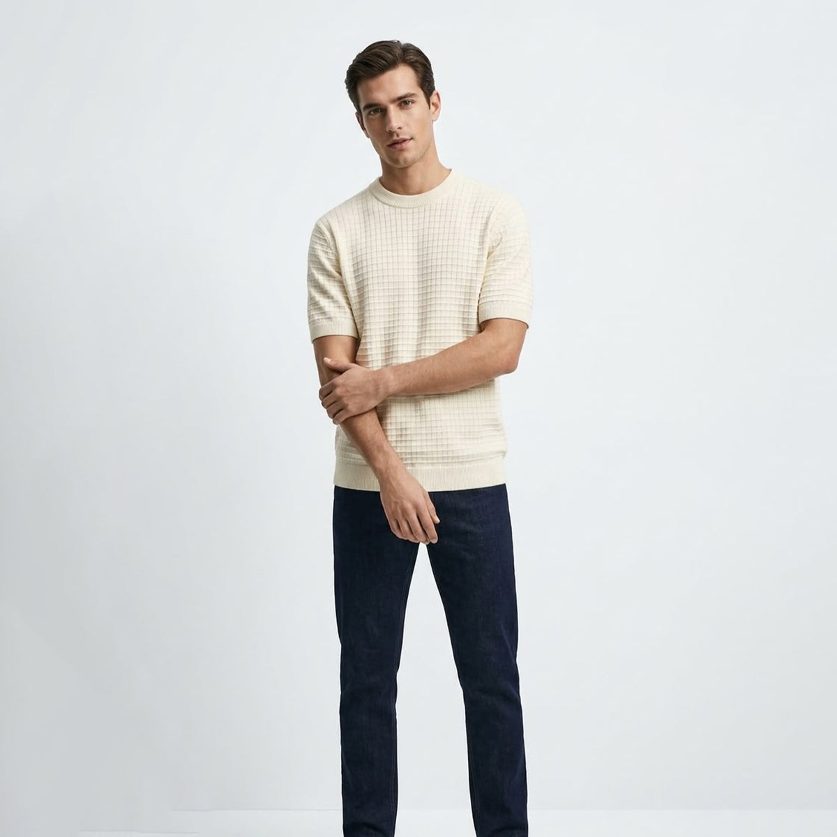Massimo Dutti Men`s Crewneck Tshirt Creem White