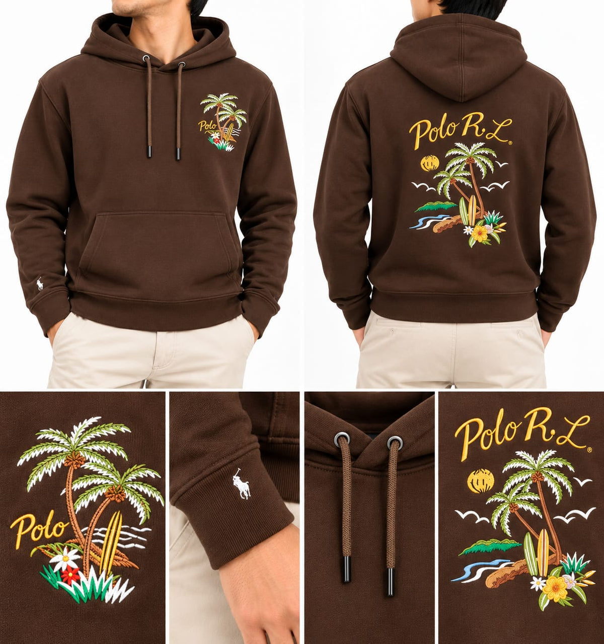 Ralph Lauren Tropical Embroidered Pullover Hoodie Brown