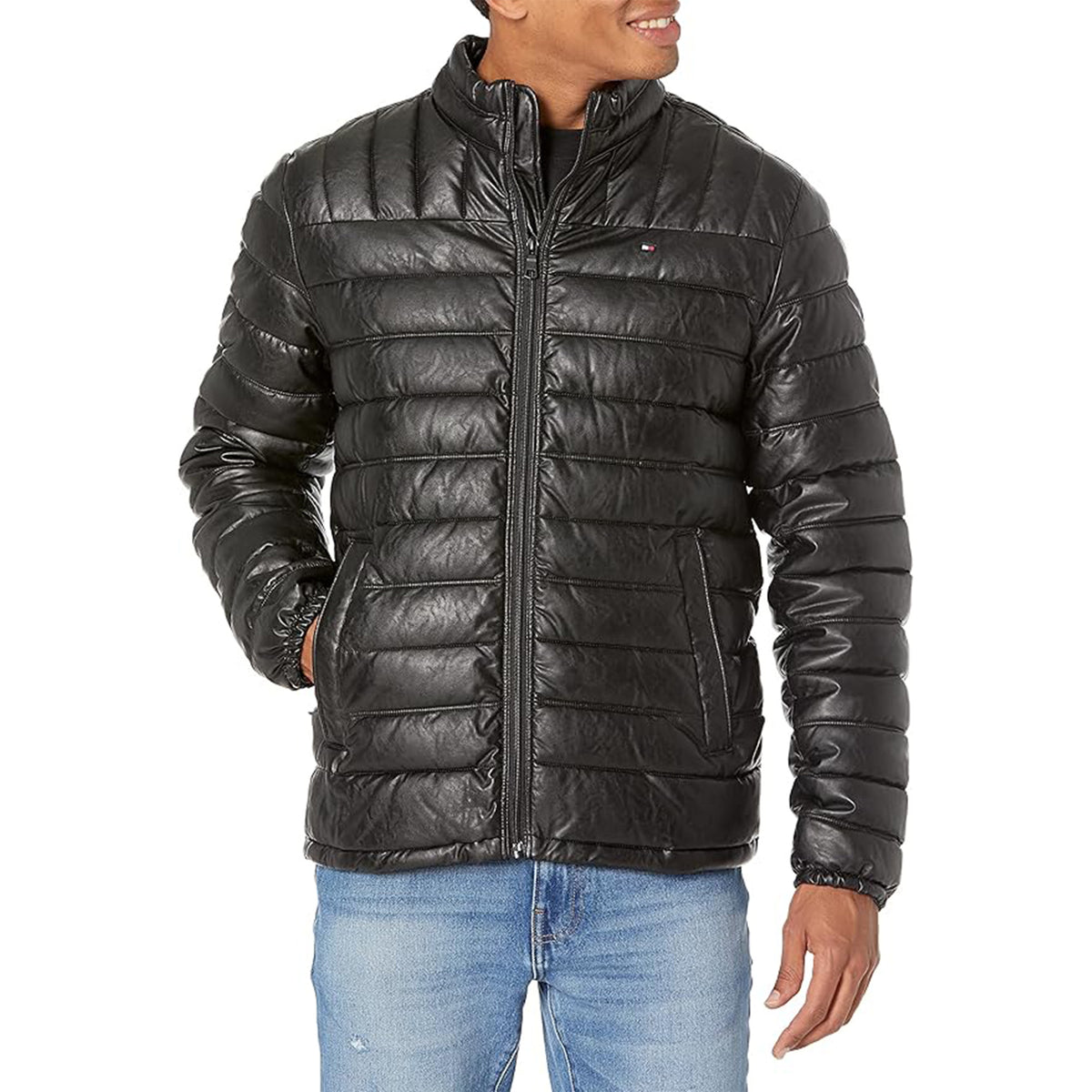 Tommy Hilfiger Lightweight Quilted Faux Leather Puffer Jacket (Black)