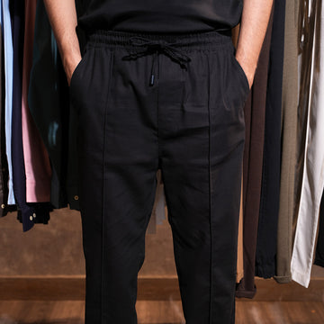 Zara Linen Cotton Pleated Trouser ( Black )