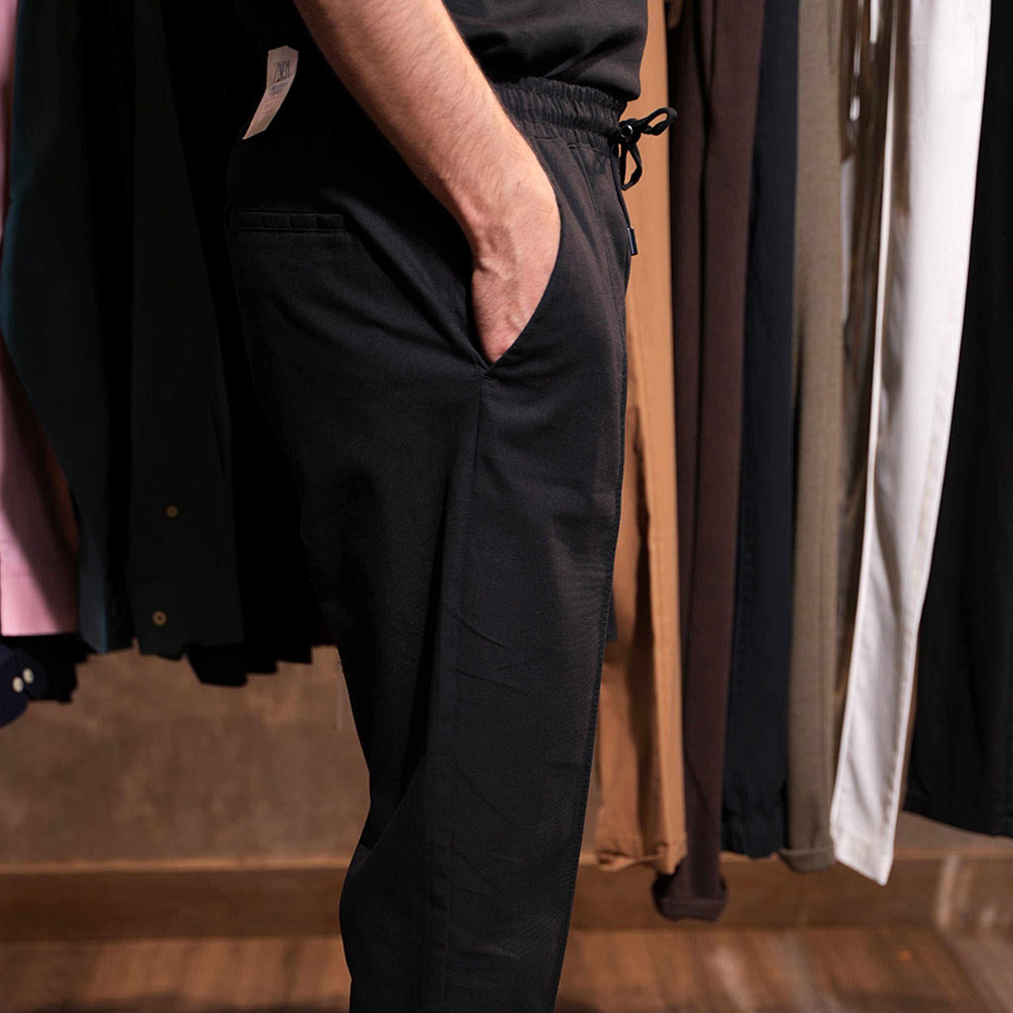 Zara Linen Cotton Pleated Trouser ( Black )