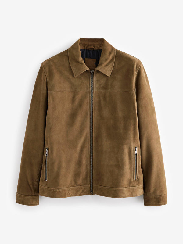 Massimo Dutti Faux Suede Effect Zip Up Jacket ( Brown )