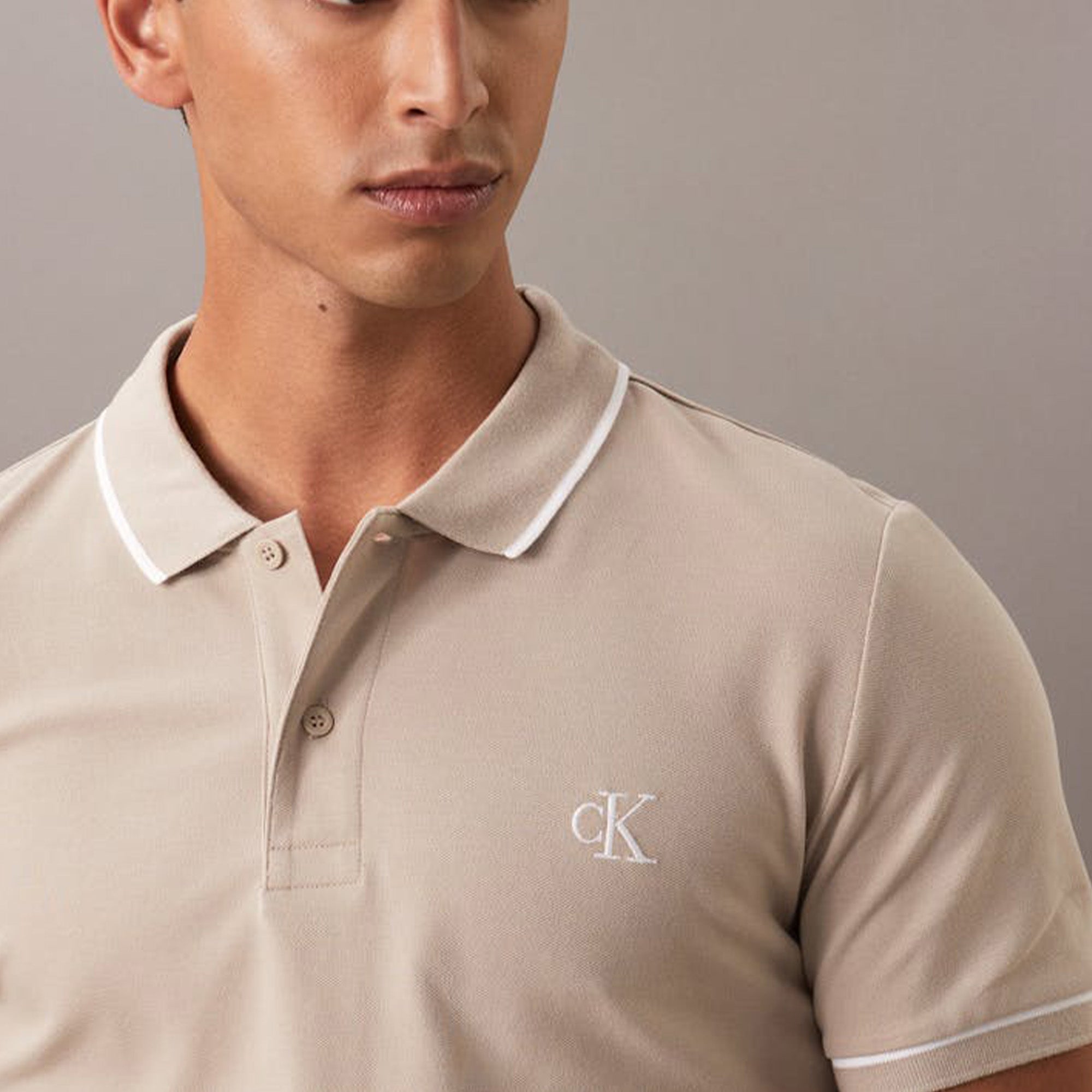 Calvin Klein  Slim Tipping Beige Polo Shirt