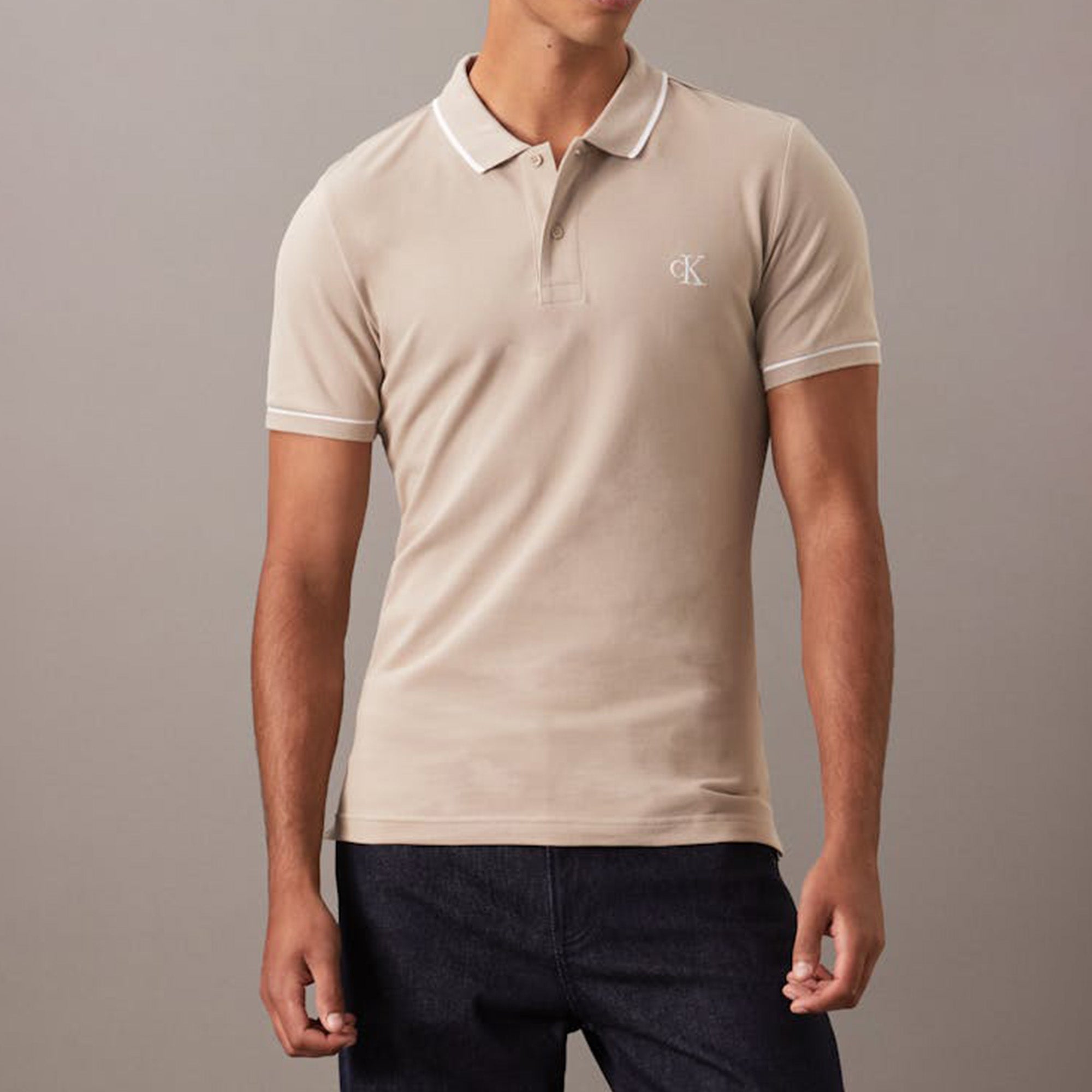 Calvin Klein  Slim Tipping Beige Polo Shirt