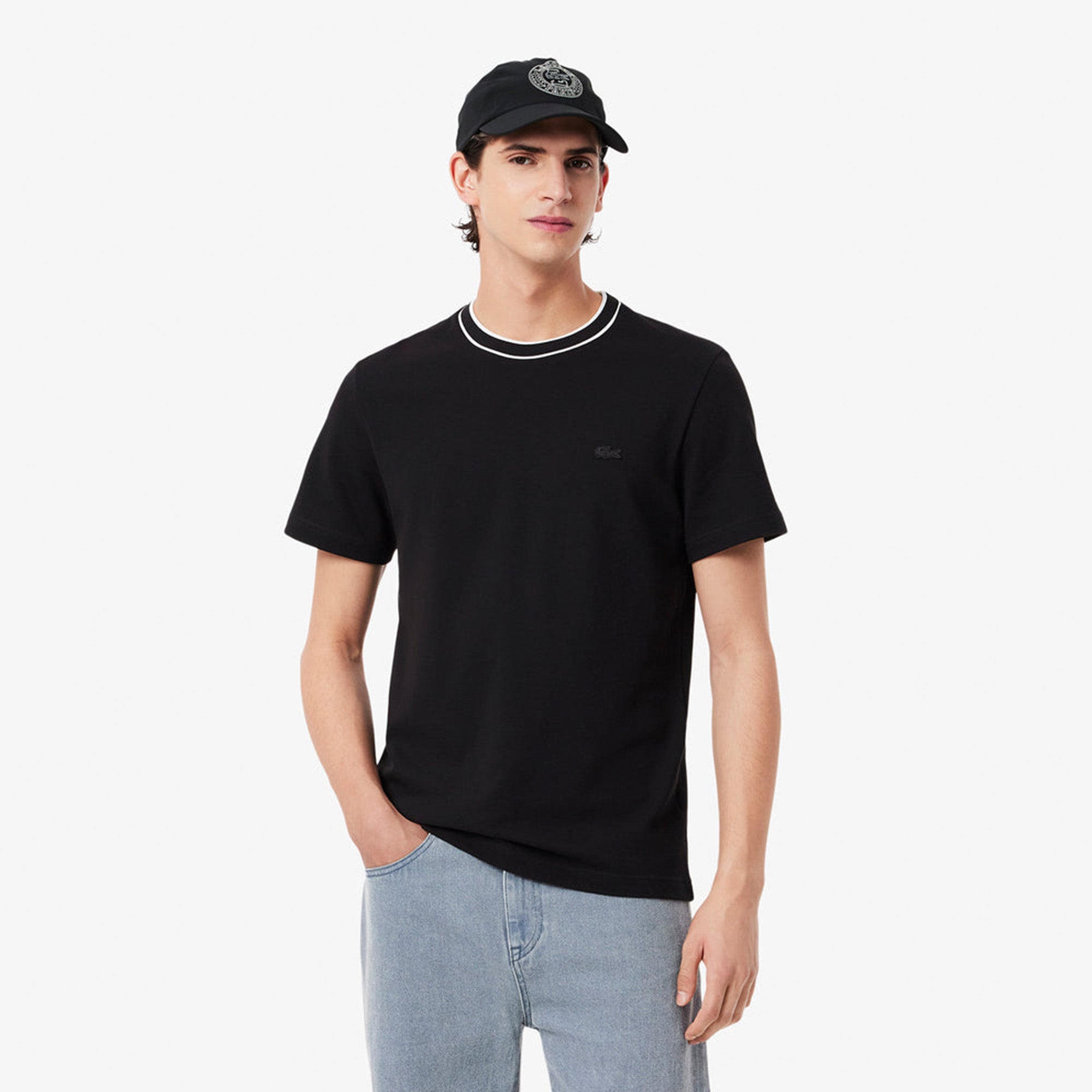 Lacoste Stretch piqué stripe collar t-shirt Black