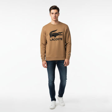 Lacoste - Printed Logo Fleece Crew Neck Sweatshirt (Camel)