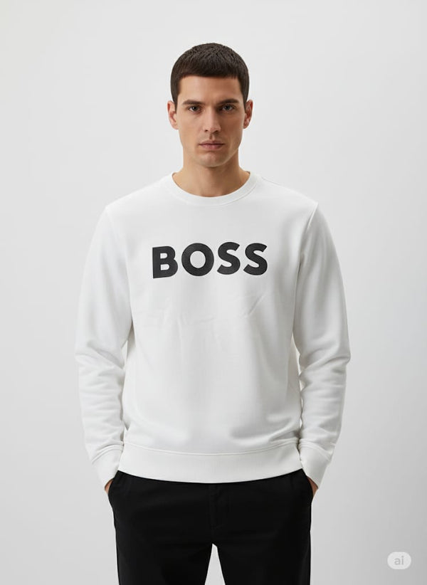 B.O.S.S Sandwich-logo sweatshirt in stretch cotton (Imported) (White)