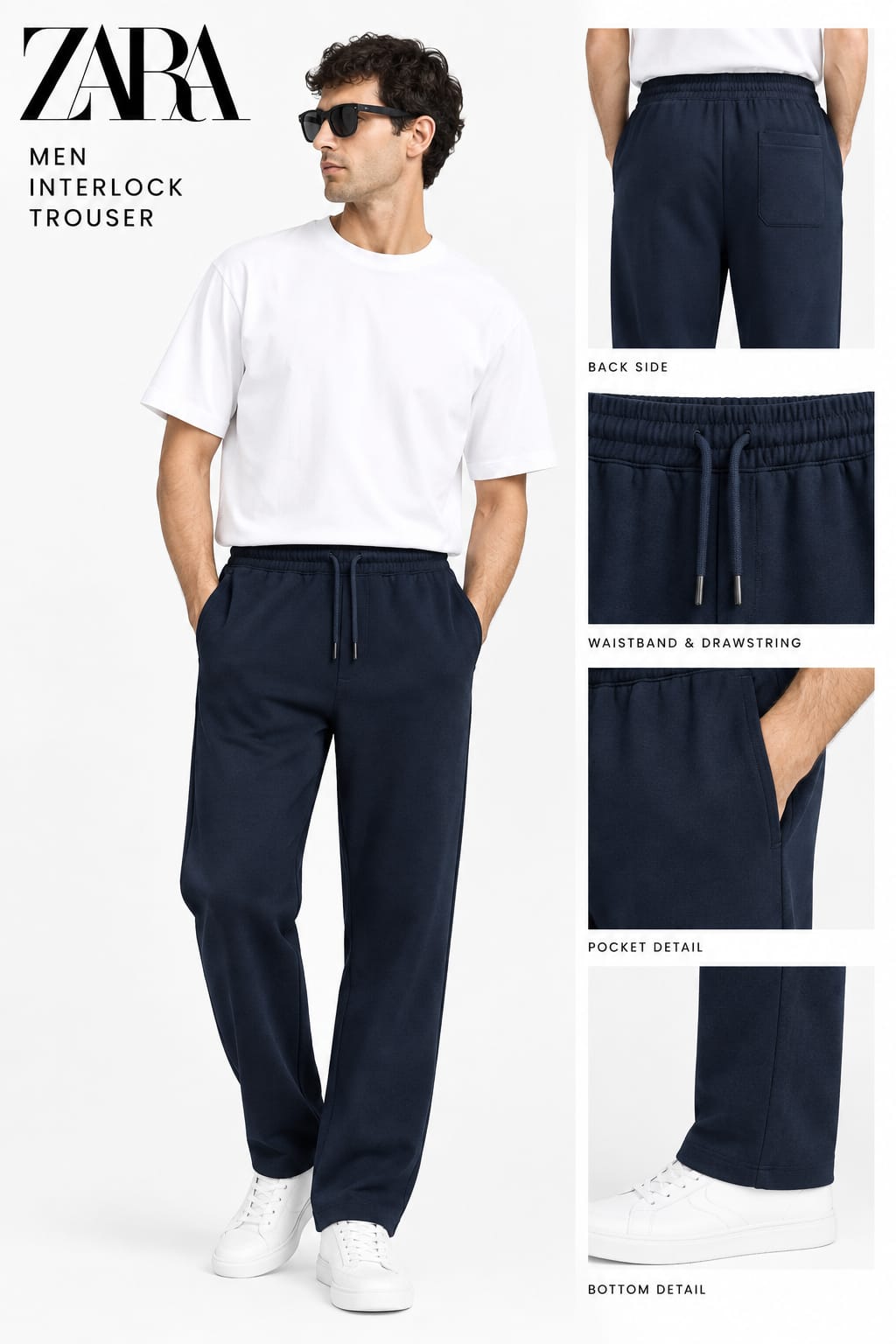 Zara Men's Lycra interlock relaxed fit trousers Navy Blue