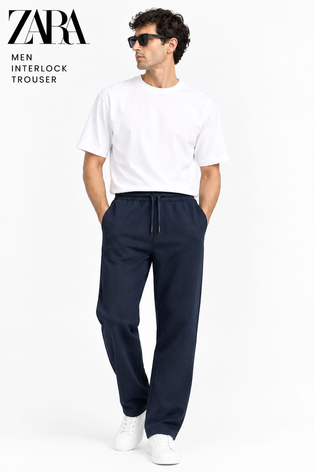 Zara Men's Lycra interlock relaxed fit trousers Navy Blue