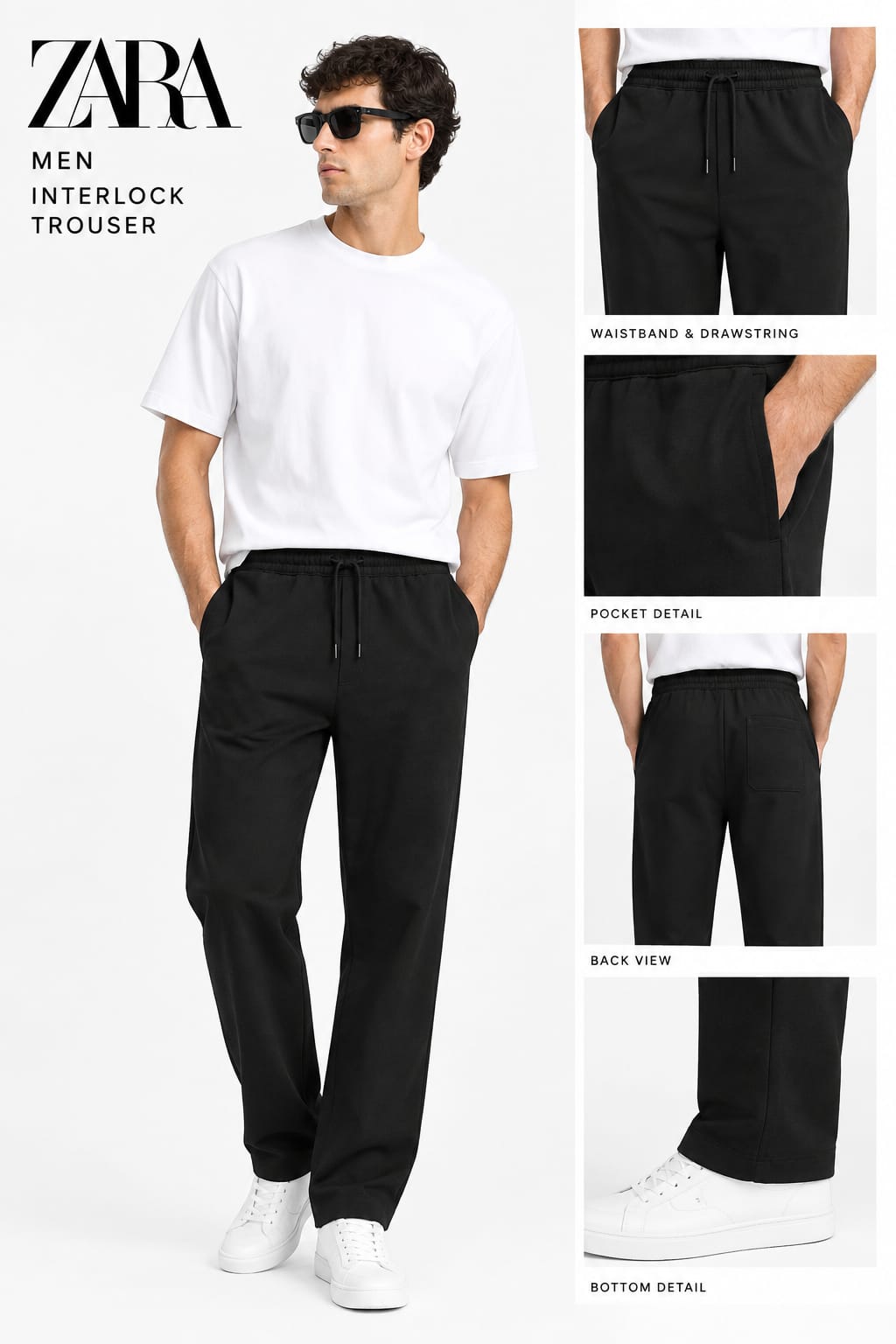 Zara Men's Lycra interlock relaxed fit trousers Black