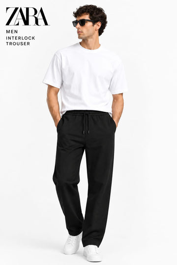 Zara Men's Lycra interlock relaxed fit trousers Black
