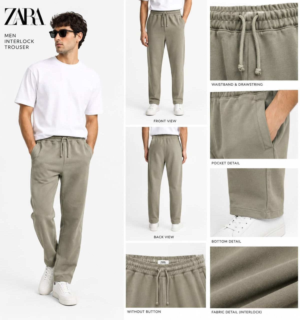 Zara Men's Lycra interlock relaxed fit trousers Khaki Green