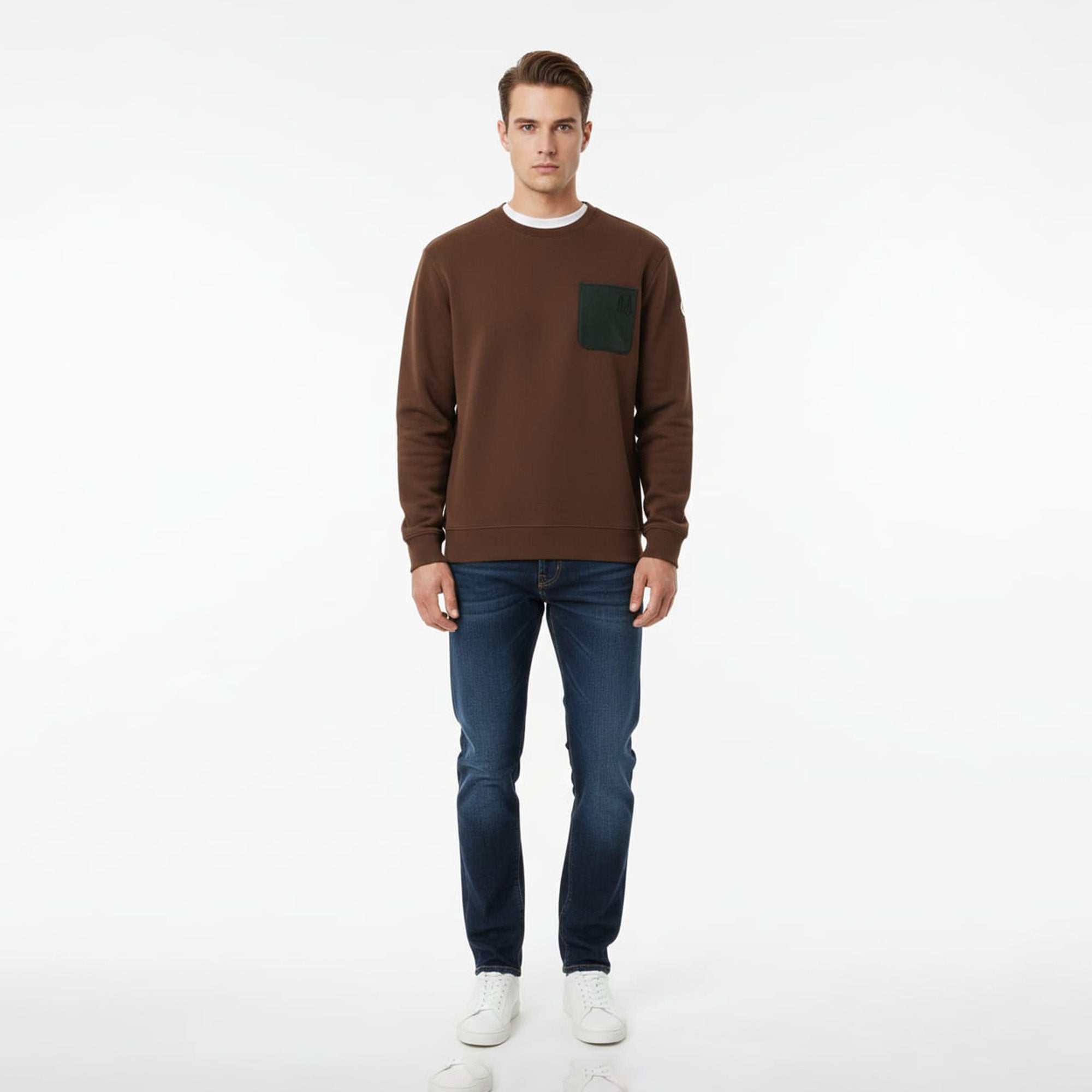 Moncler Cotton Fleece Sweatshirt with Suede Pocket Brown