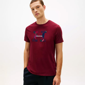 Tommy Hilfiger Plaid Monogram Logo T-Shirt Mehroon