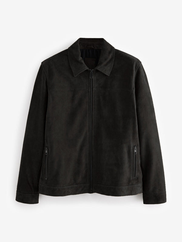 Massimo Dutti Faux Suede Effect Zip Up Jacket ( Black )