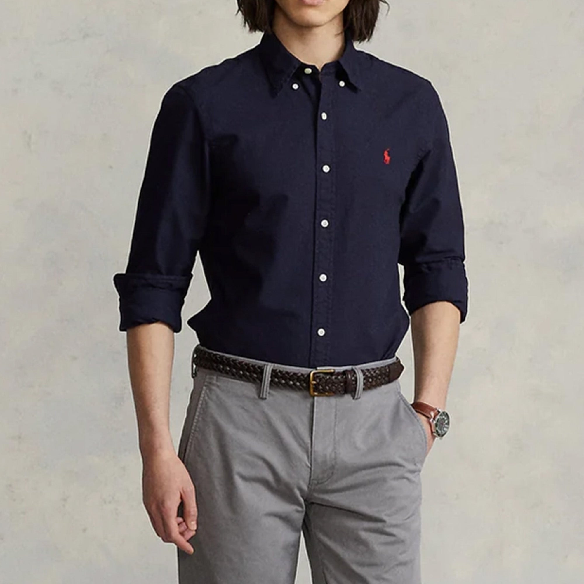 Ralph Lauren Slim Fit Knit Garment-Dyed Oxford Navy Shirt