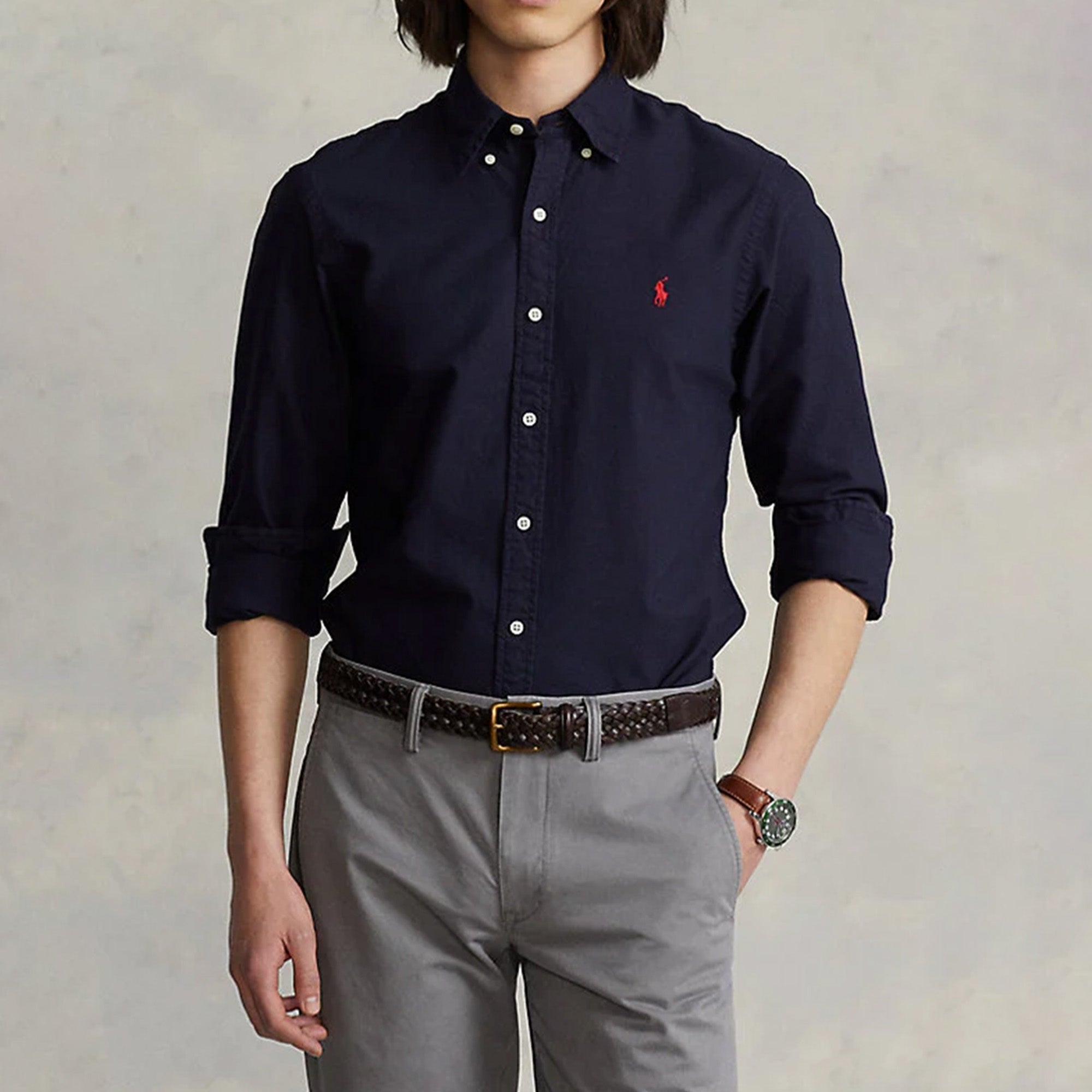 Ralph Lauren Slim Fit Knit Garment-Dyed Oxford Navy Shirt