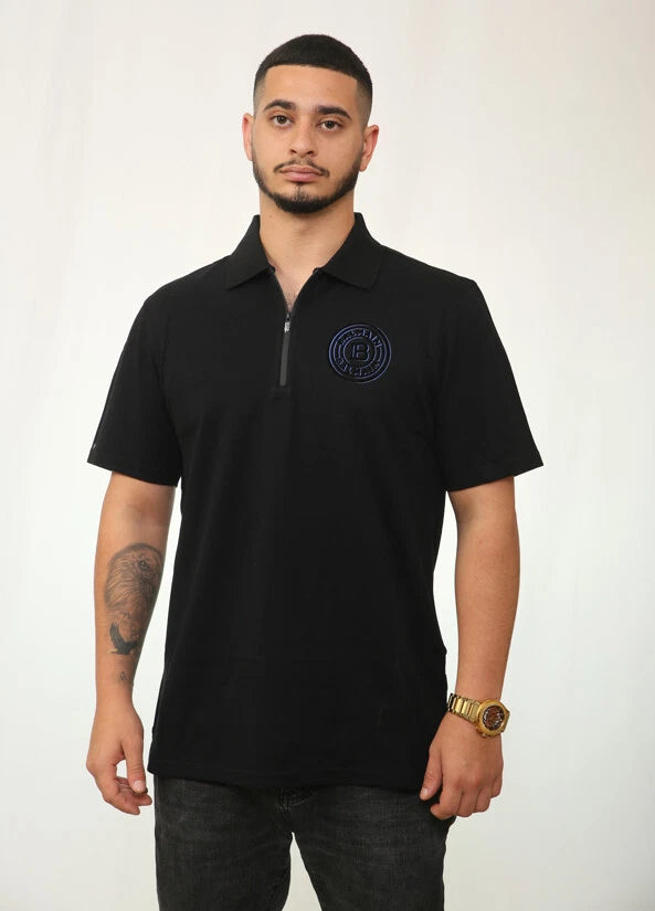 Balmain Embroidered Signature Zipped Polo Black/Blue Logo