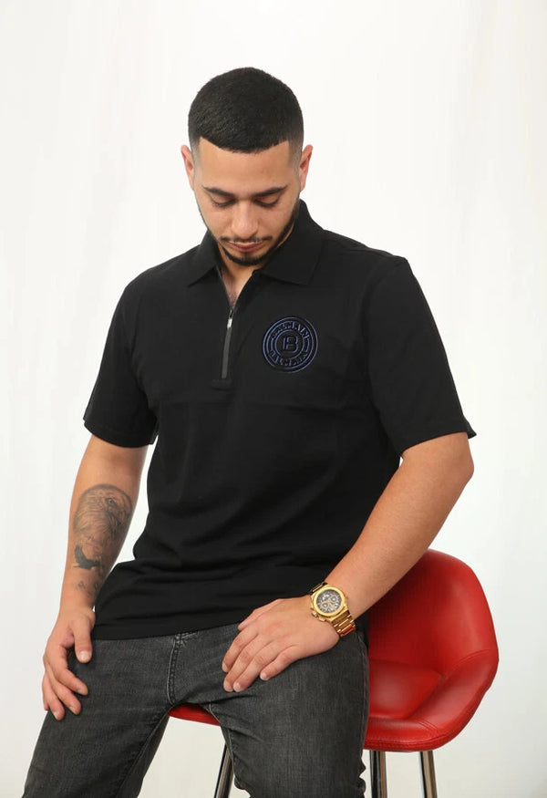 B-M-Embroidered Signature Zipped Polo Black/Blue Logo
