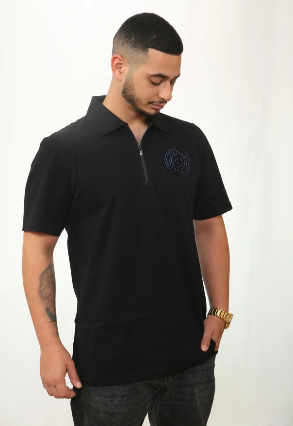 Balmain Embroidered Signature Zipped Polo Black/Blue Logo