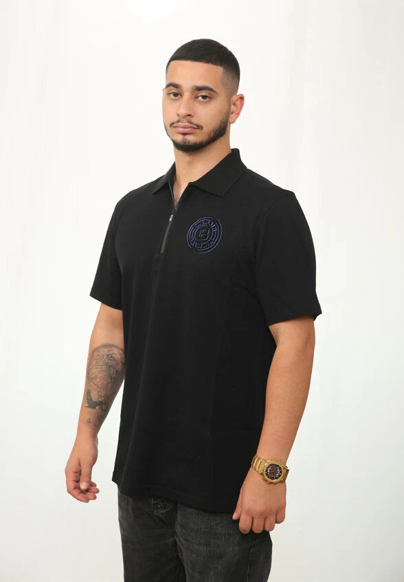 Balmain Embroidered Signature Zipped Polo Black/Blue Logo
