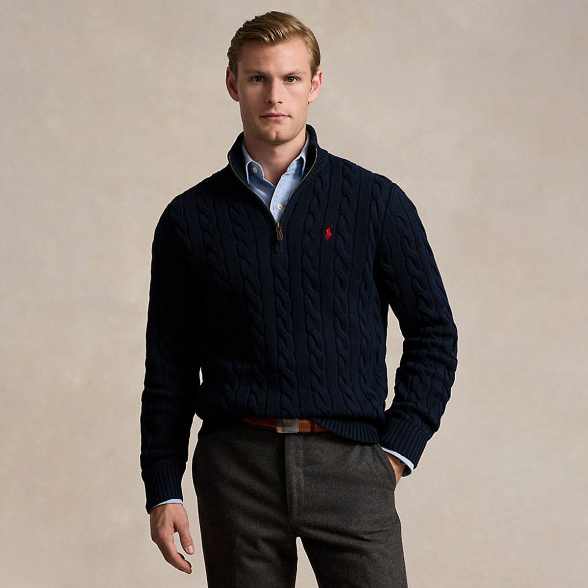 Ralph Lauren Cable-Knit Cotton Quarter-Zip Jumper Sweater Hunter Navy