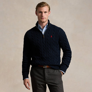Ralph Lauren Cable-Knit Cotton Quarter-Zip Jumper Sweater Hunter Navy