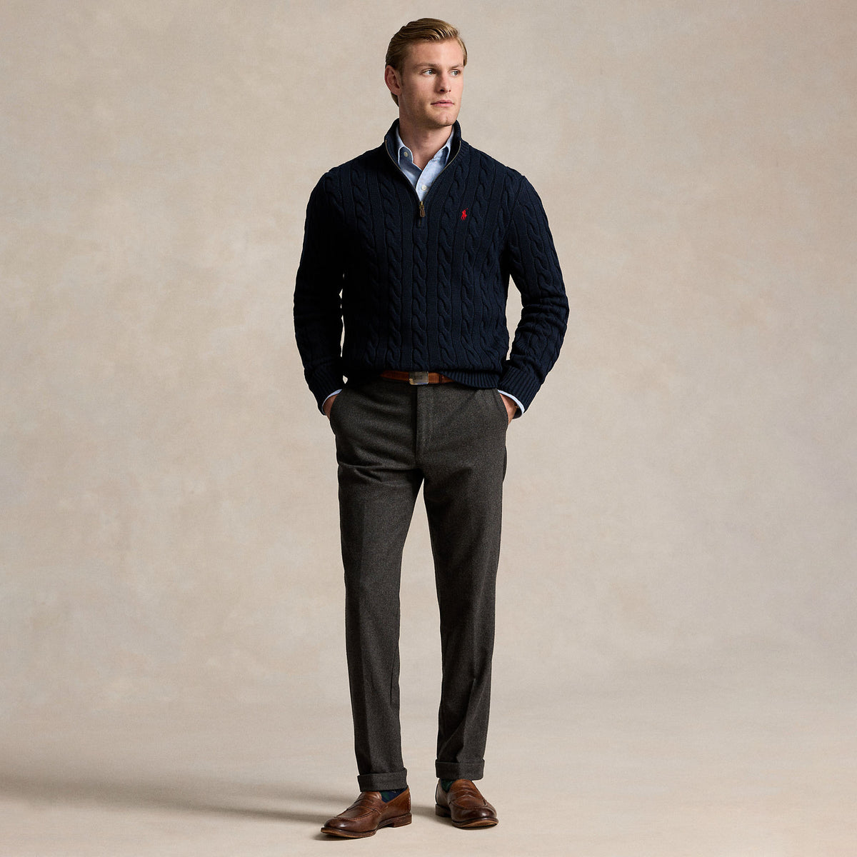 Ralph Lauren Cable-Knit Cotton Quarter-Zip Jumper Sweater Hunter Navy