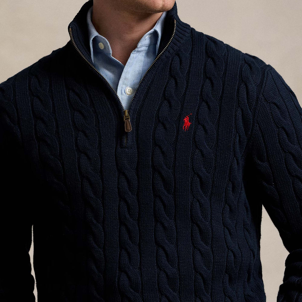Ralph Lauren Cable-Knit Cotton Quarter-Zip Jumper Sweater Hunter Navy