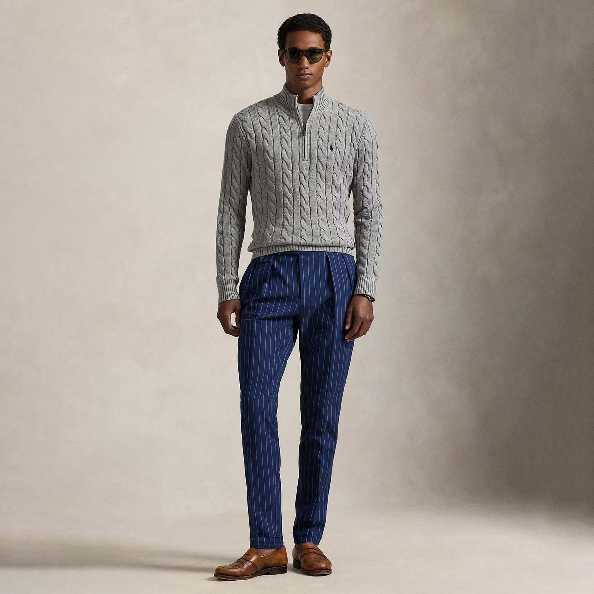Ralph Lauren Cable-Knit Cotton Quarter Zip Jumper Sweater Grey Heather