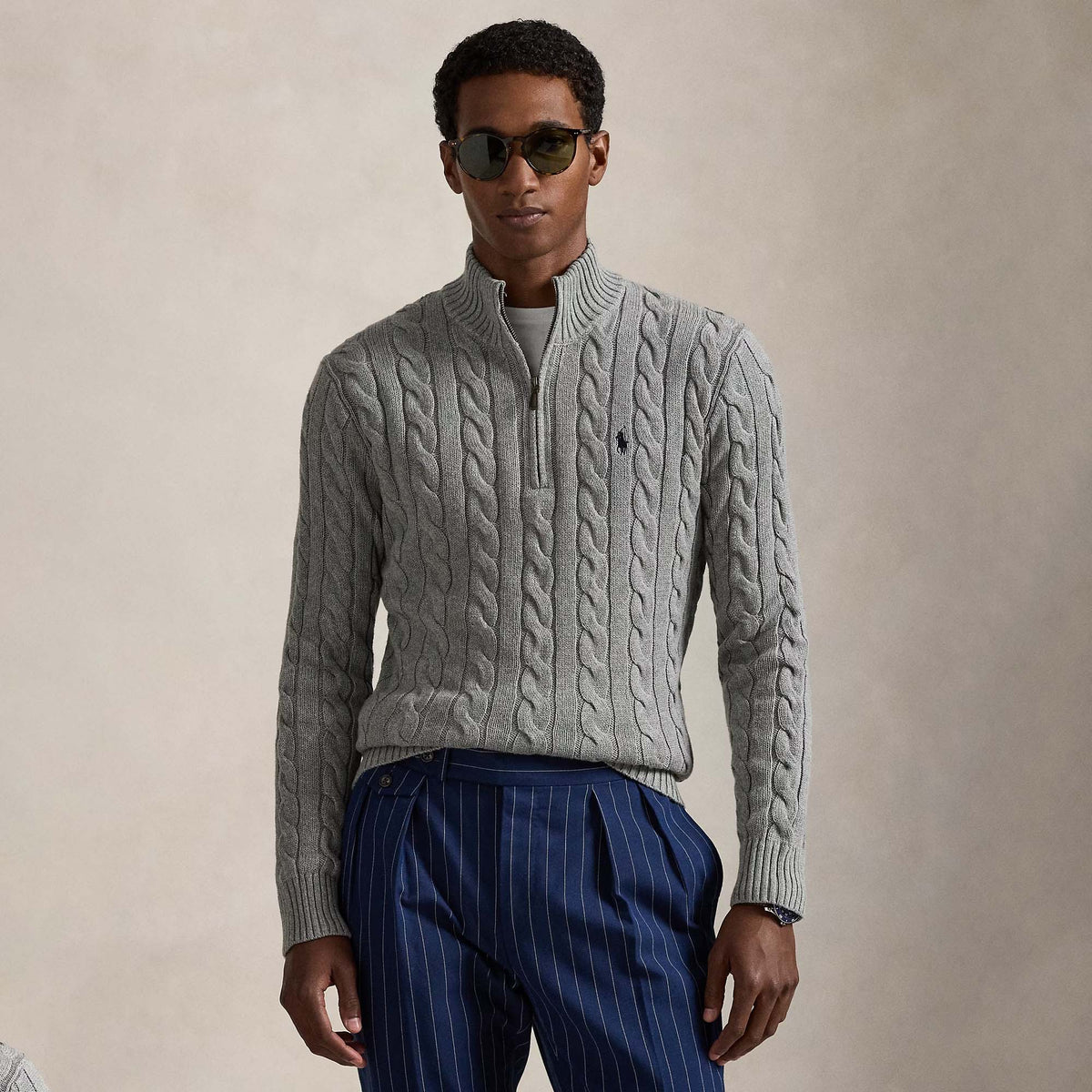 Ralph Lauren Cable-Knit Cotton Quarter Zip Jumper Sweater Grey Heather