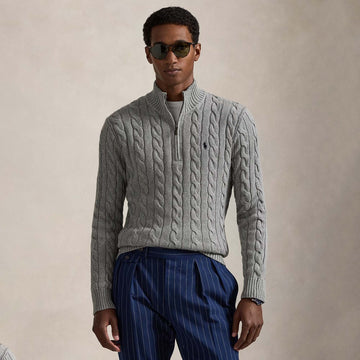 Ralph Lauren Cable-Knit Cotton Quarter Zip Jumper Sweater Grey Heather