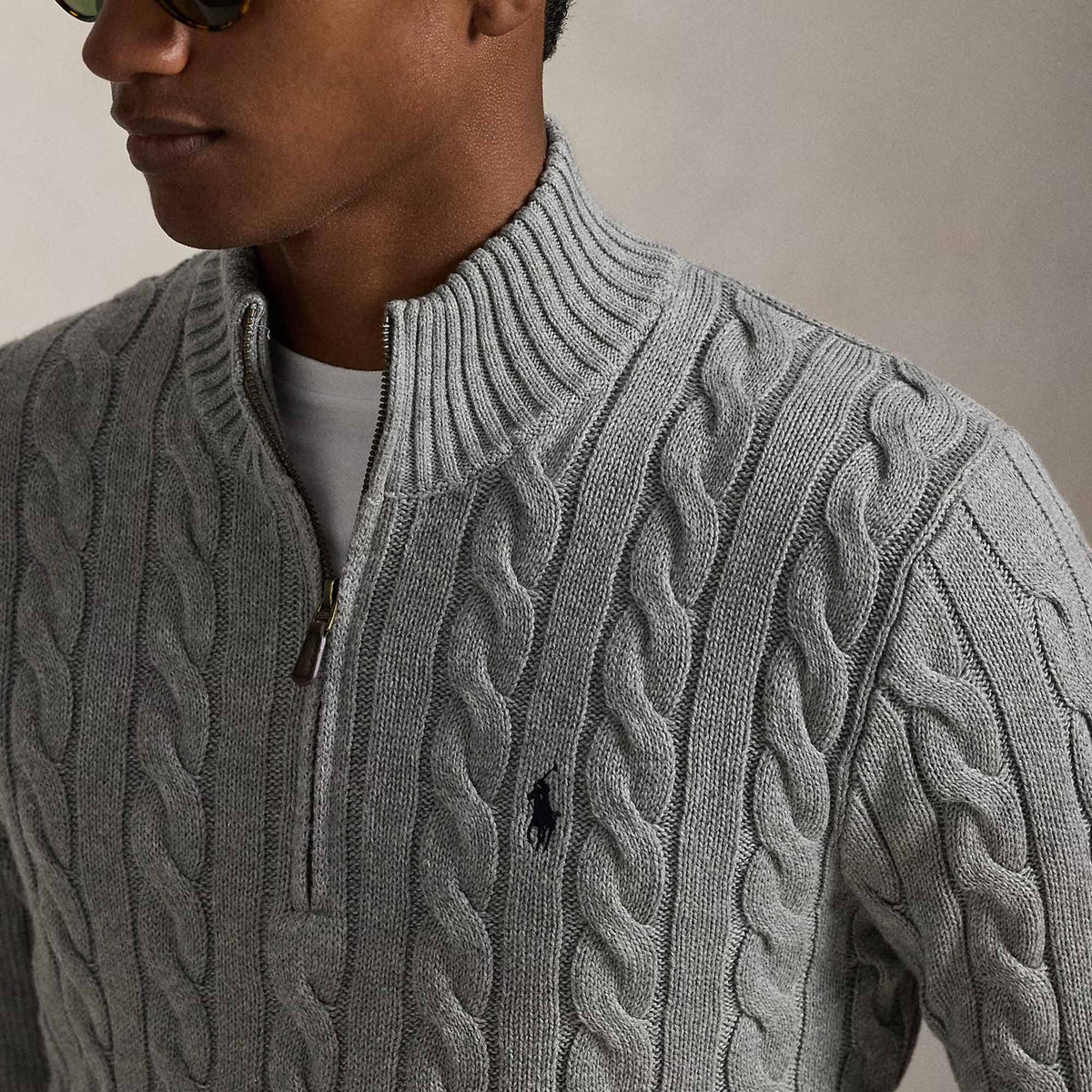 Ralph Lauren Cable-Knit Cotton Quarter Zip Jumper Sweater Grey Heather