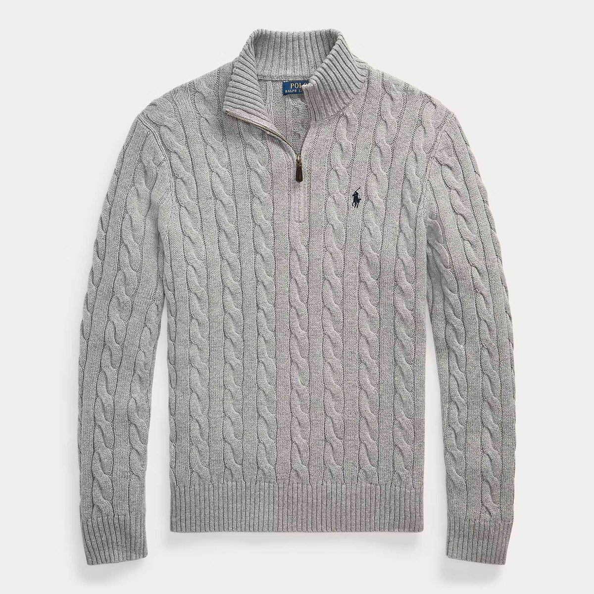 Ralph Lauren Cable-Knit Cotton Quarter Zip Jumper Sweater Grey Heather
