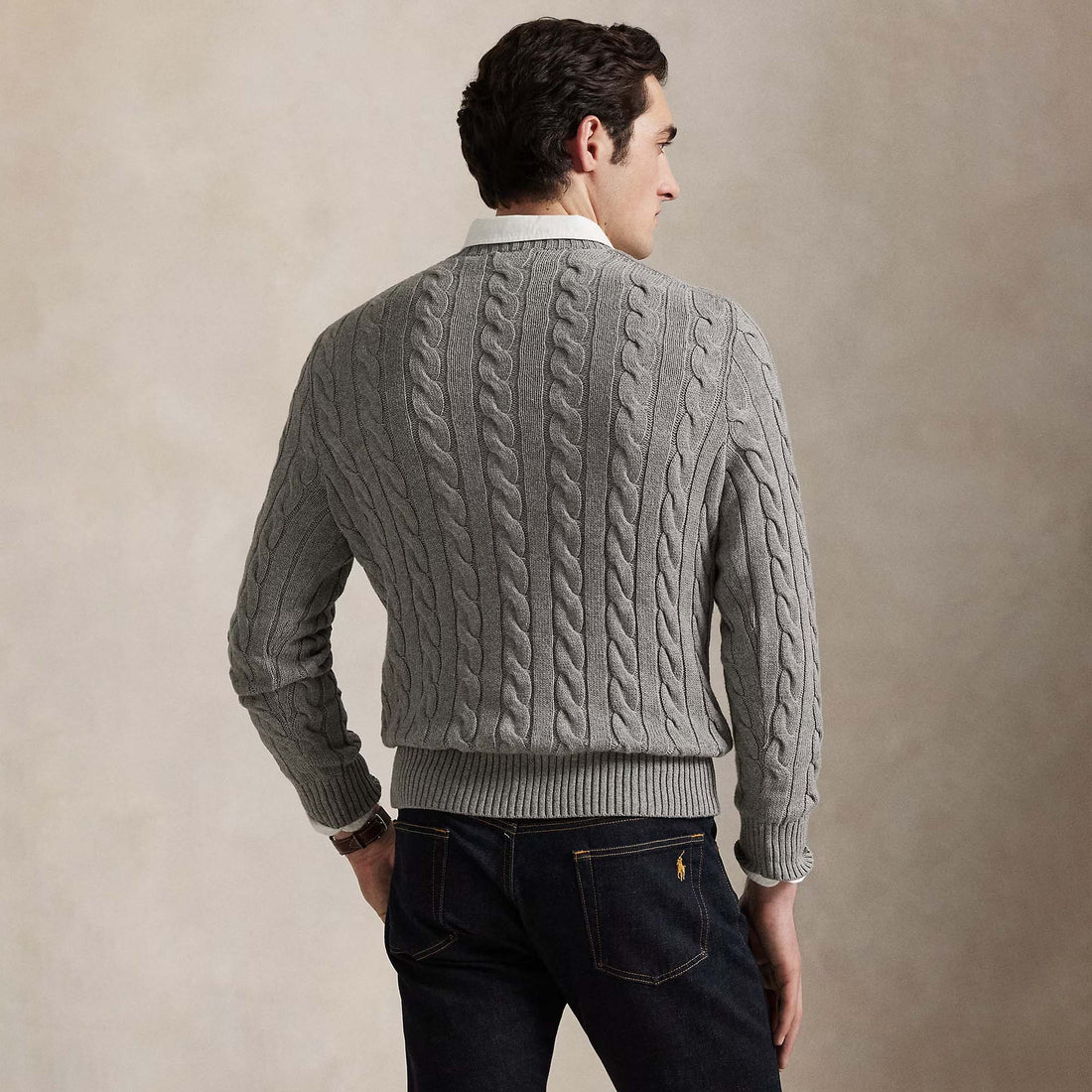 Ralph Lauren Crewneck Men's Cable-Knit Cotton Jumper Sweater Fawn Grey Heather