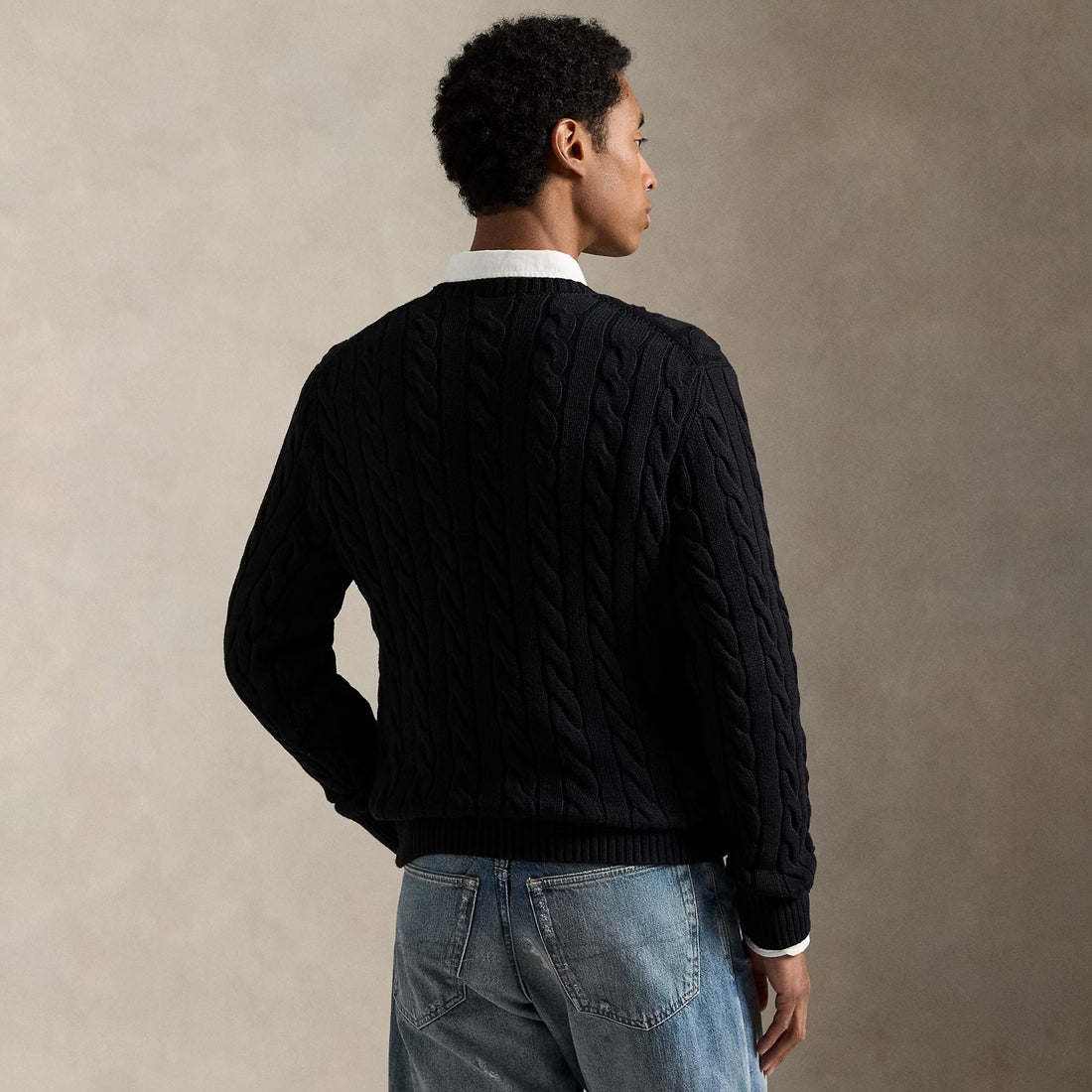Ralph Lauren Crewneck Men's Cable-Knit Cotton Jumper Sweater Black